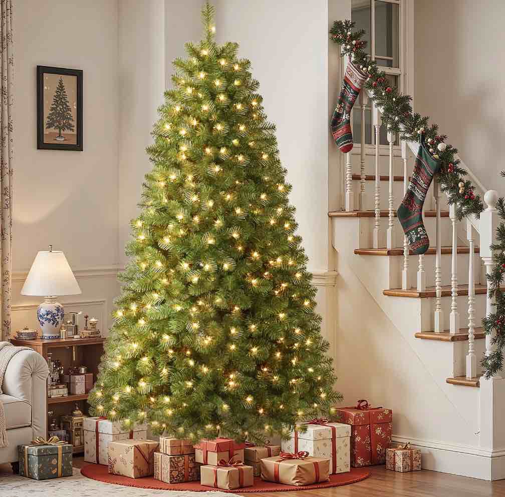 Alupssuc 6.5ft Pre-Lit Premium Artificial Hinged Christmas Tree w/ Warm White Lights, Perfect Choice for Xmas Decoration