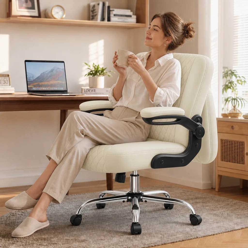 COOLHUT Criss Cross Office Chair with Flip Padded Backrest, Comfy PU Leather Cross Legged Desk Chair, Flip-Up Arms Desk Chair with Wide Seat for Office Space, Beige