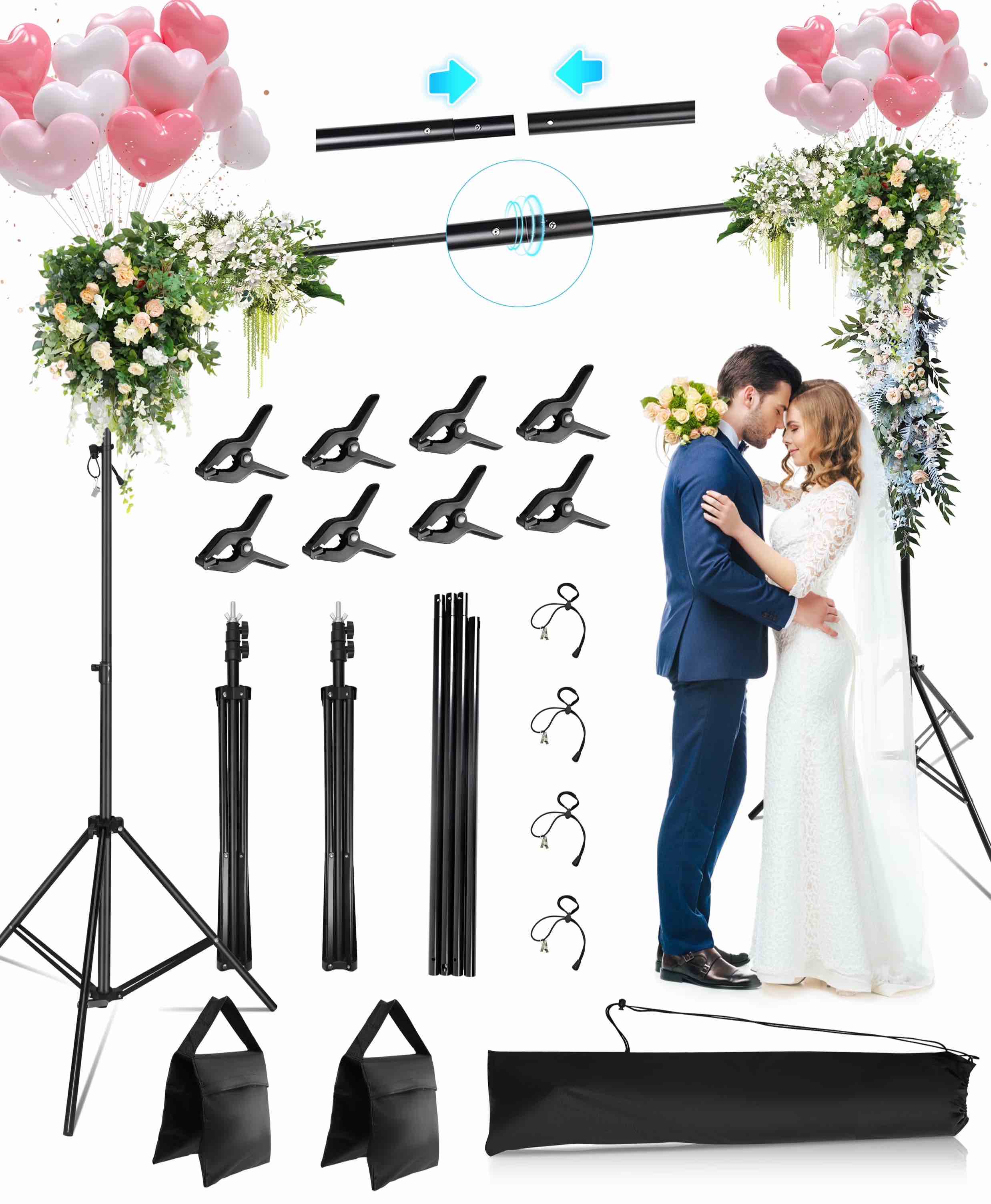 RELOIVE Backdrop Stand 10x7ft(WxH) Photo Studio Adjustable Background Stand Support Kit with 8 Clamps 2 Sandbags 4 String Clips and Carry Bag for Par