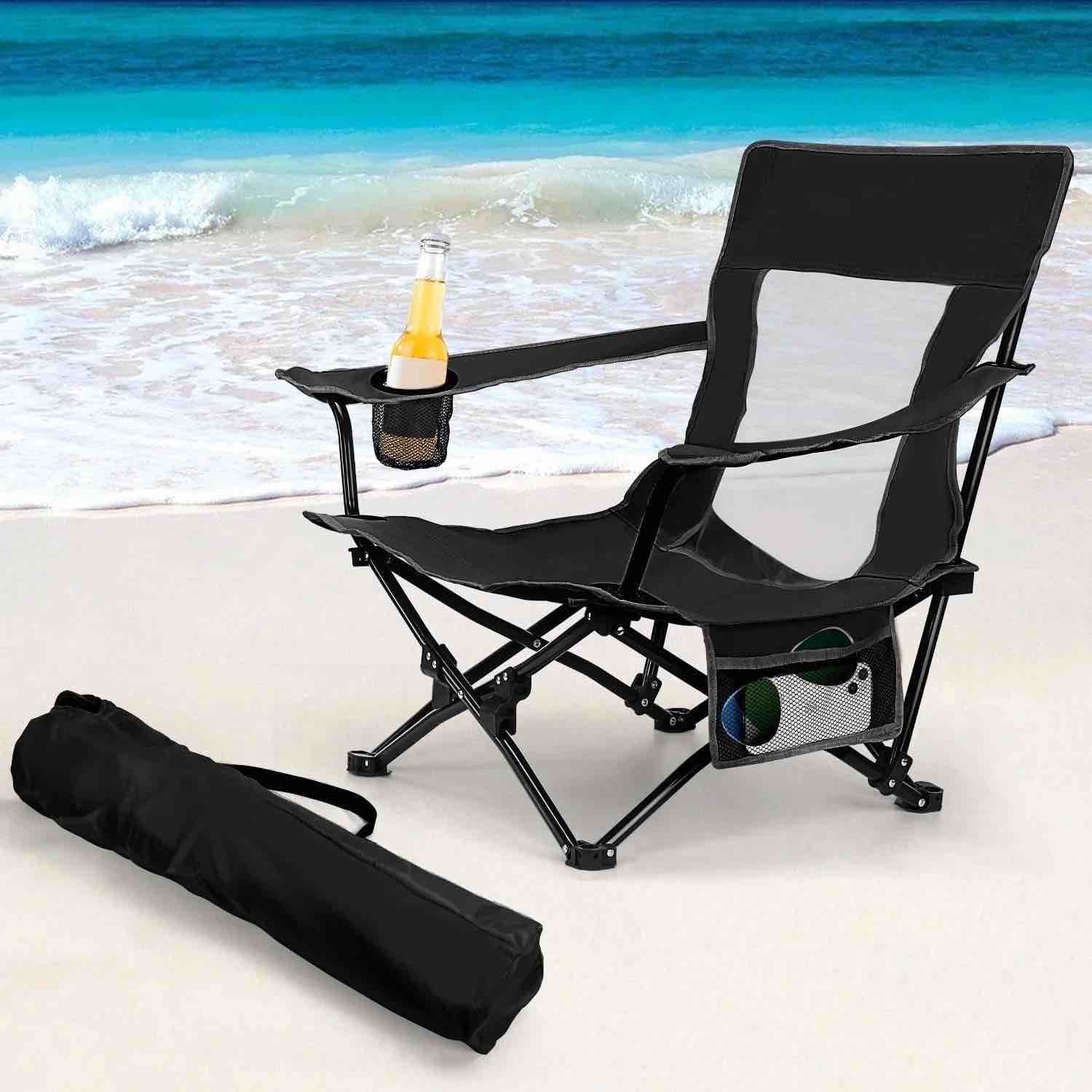 Coliware Folding Backpack Beach Chair Black Compact Lightweight Camping Chair with Carry Bag Cup Holder Small Outdoor Reclining Low-Profile Travel C