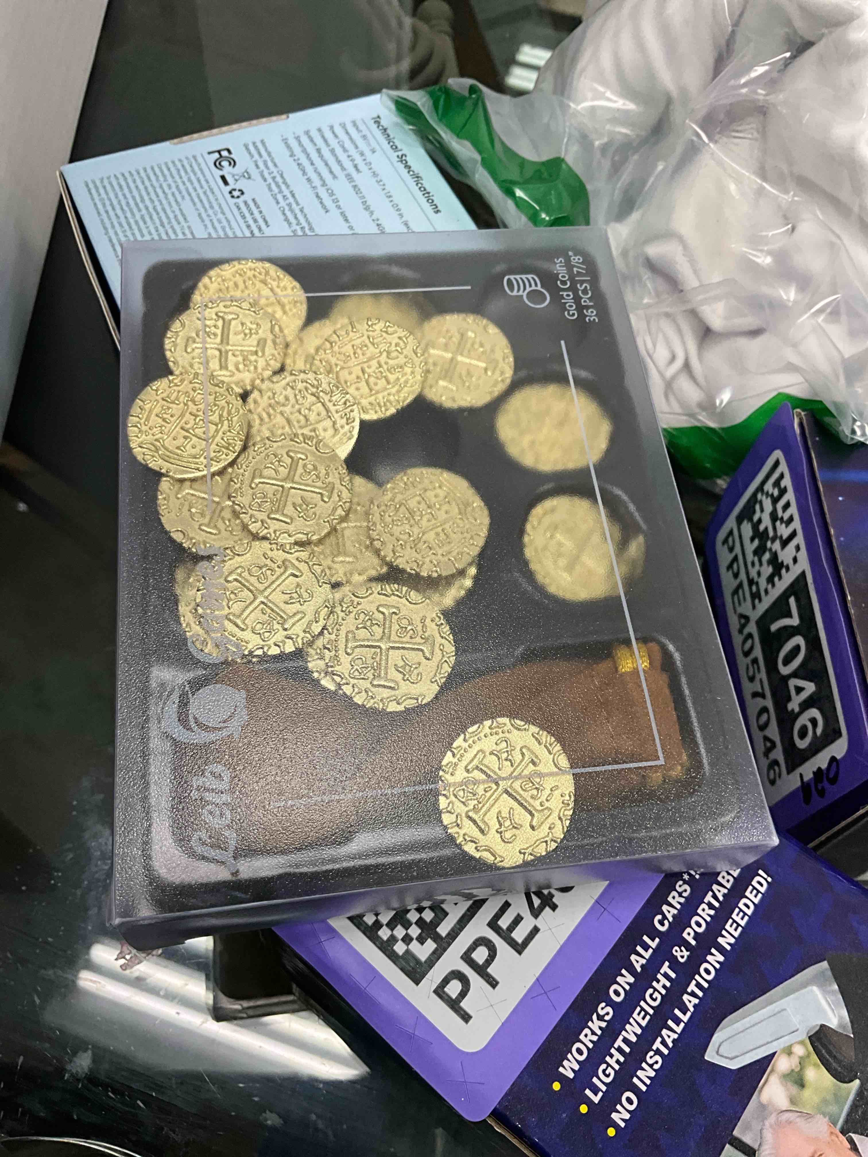 Condition photo showing Good Condition for Gold Metal Pirate Coins - 35 Gold Treasure Coin Set, Metal Replica Spanish Doubloons for Board Games, Tokens, Toys, Cosplay - Realistic Money Imitation, Pirate Treasure Chest, Medium Size 7/8"