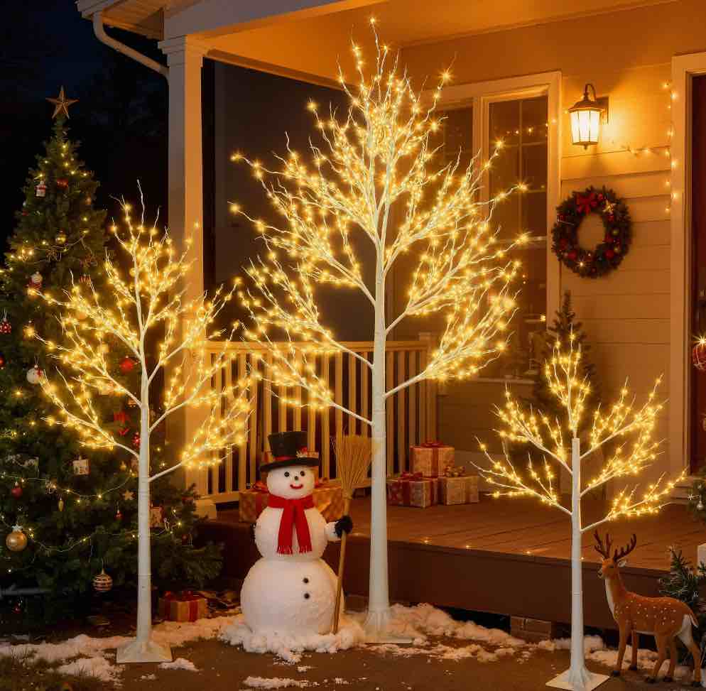 3-pieces lighted birch trees sets, segmart indoor outdoor christmas tree with 650 led, stand and timer, christmas porch decorations lighted trees artificial for festival, party,6ft+5ft+4ft