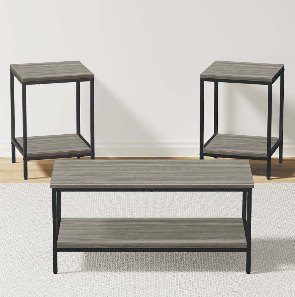 joz 3-piece coffee table set for living room, end table set with storage, includes 1 coffee table and 2 end tables, rock gray