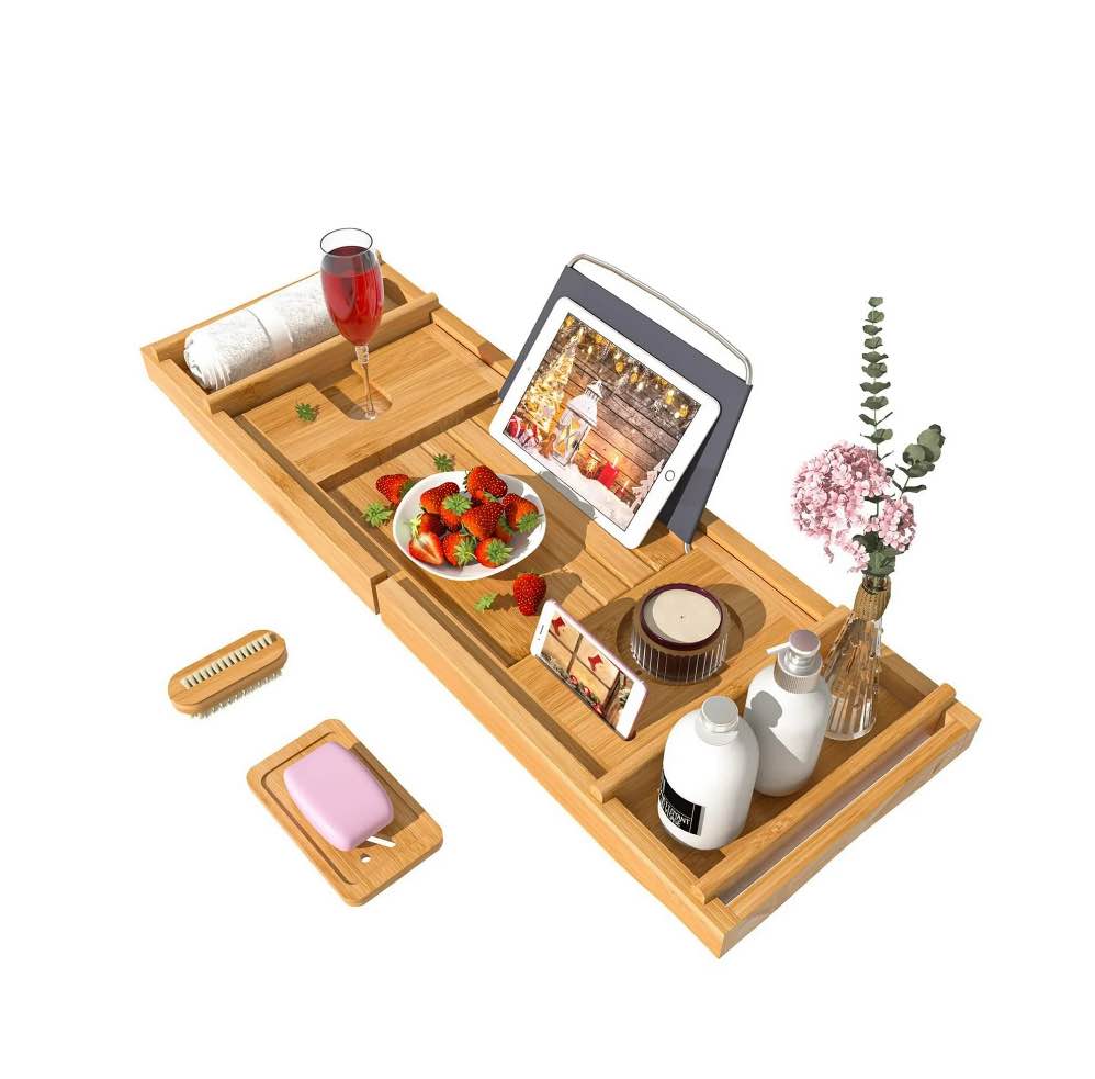 bambloom luxury bathtub tray,bamboo expandable bath tub tray table with brush & soap holder,natural
