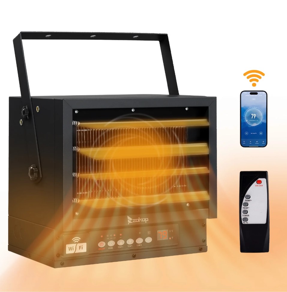 ktaxon wifi smart electric garage heater, 6000w ceiling mount space heater, 240-volt hard-wired heater fan-forced shop heater with digital thermostat, 12h timer, remote control, black