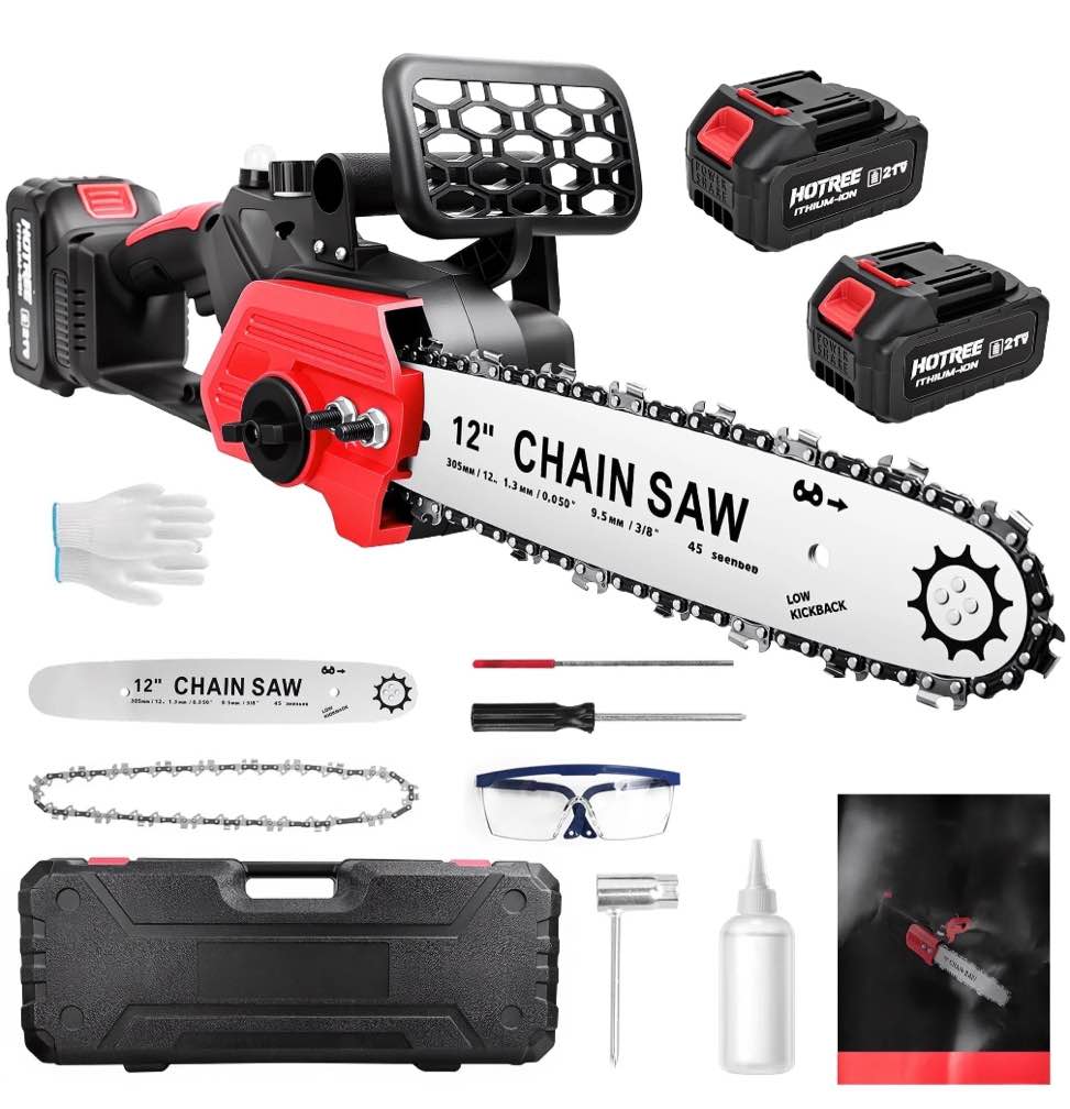 hotree 12 inch cordless chainsaw, 21v electric handheld chainsaw for tree trimming, wood cutting, outdoor yard work