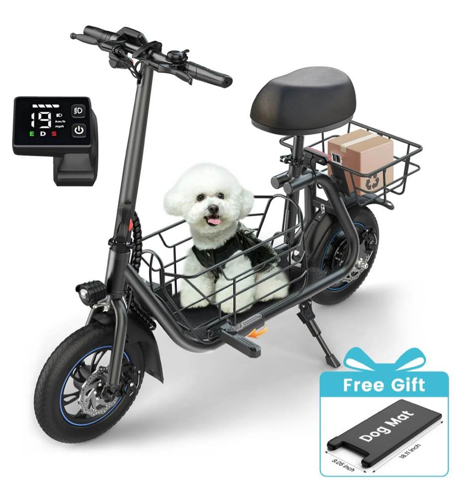MIHOVER 19MPH Foldable 550W Electric Scooter with Seat for Adult, 12 inch Commuter E Scooter for Pets with Front & Back Basket & Dog Mat, Bigger Seat - up to 21 Miles