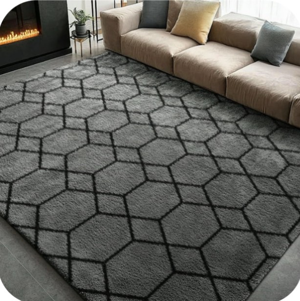 Pentantan 8ft x 10ft Shag Area Rugs for Living Room, Modern Geometric Fluffy Bedroom Carpet, Black & Gray