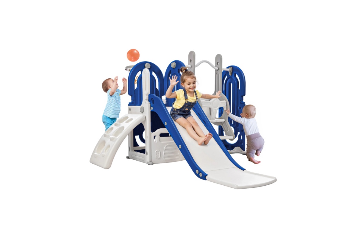 5 in 1 Toddler Slide and Swing Set, Kids Playground Climber Slide Playset with Basketball Hoop and Toy Storage Space for Baby Indoor, Blue