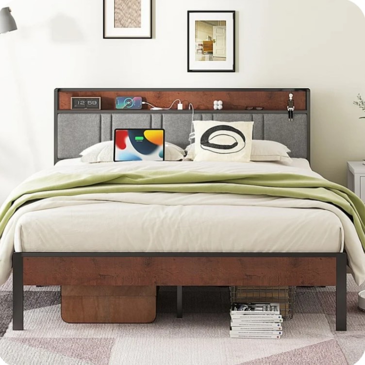 nisien king size bed frame, platform bed with charging station and storage upholstered headboard, gray