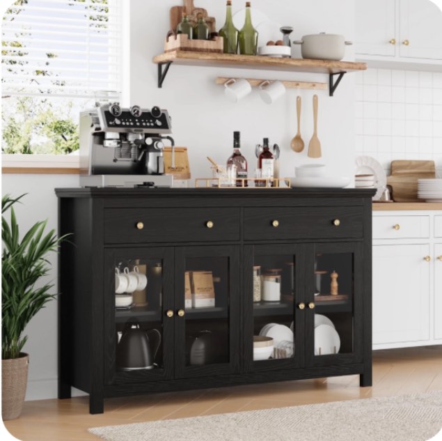 Homfa Sideboard with Glass Door and 2 Drawers, 55.1''W Buffet Storage Cabinet with Adjustable Shelves for Kitchen Dining Room, Black