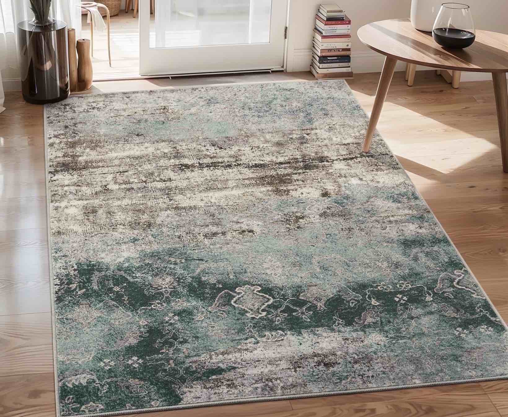vunate 8x10 area rugs for living room machine washable rugs abstract vintage distressed indoor rug carpet soft lightweight area rug for bedroom dining room kitchen foldable nonslip rug teal