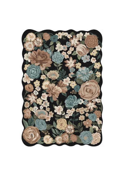 wiponken 5x7 floral area rugs machine washable non-slip botanical scalloped rug for living room bedroom, modern farmhouse floor mat with vintage flowers pattern, home decor indoor low pile black