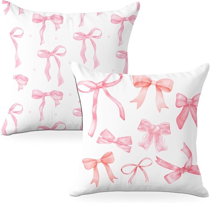 4 PCs Pillow Covers 18x18, Coquette Throw Pillow Covers, Pink Bow Decor Preppy Cherry Pillow Cases A