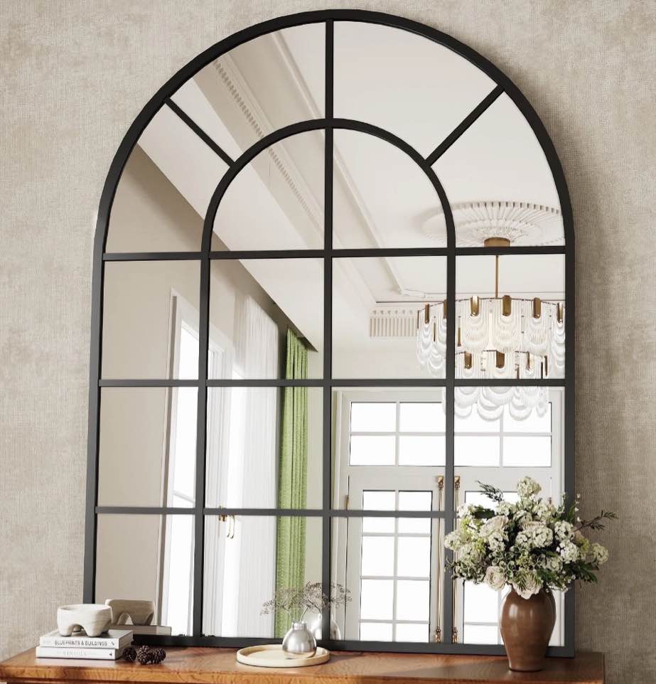 beautypeak 40" x 30" arched windowpane mirror decor wall mirror, black