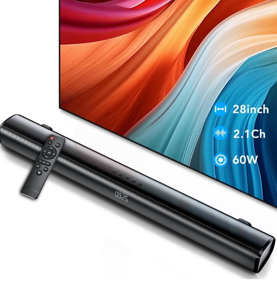 Sound Bar for TV, 60W Soundbar TV Speakers, 2.1 ch Home Theater with Subwoofer Boost, 3 Equalizer Modes, Soundbar for TV/PC/Gaming/Projectors, Bluetooth, OPT, COX, USB & AUX Wall Mountable
