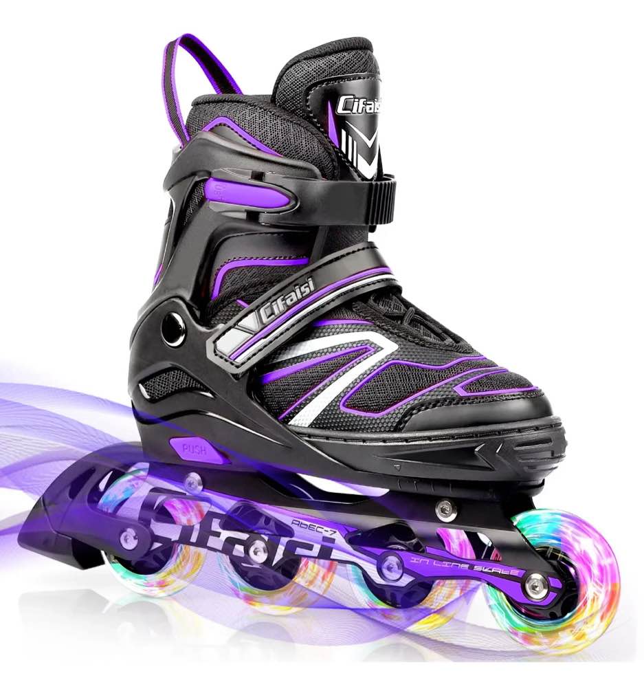 Cifaisi Adjustable Unisex Kids Inline Skates with Illuminating Wheels Aluminum Frame Purple and Black, XL, 4.4 lb