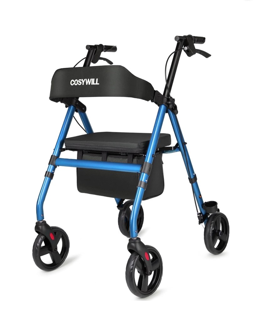 COSYWILL Rollator Walker with Seat,Foldable Mobility Walker with Durable Steel,Rolling Walker with 8" Wheels for All Terrain,Adjustable Height,300 lbs,Blue
