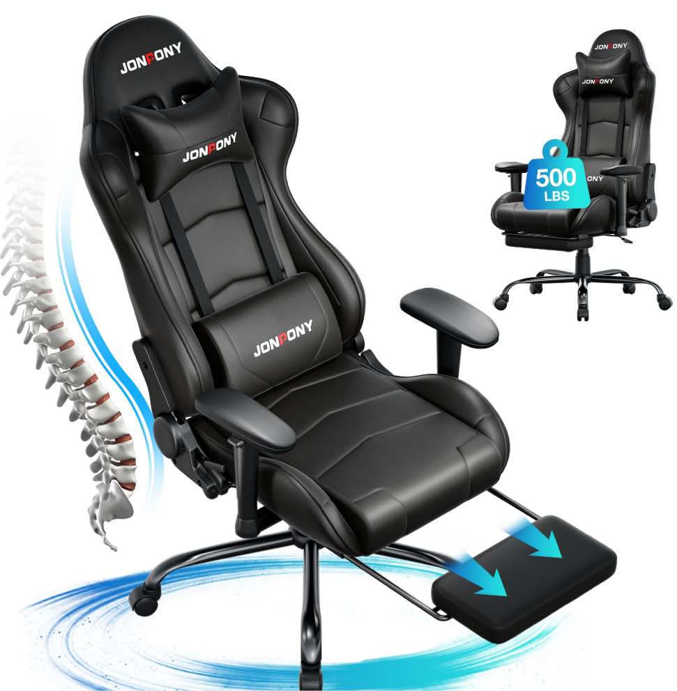 JONPONY Big and Tall 500LBS Gaming Chair, Ergonomic Design, Gamer Chair PU Leather with Footrest and Lumbar Support, High Back Office Chair Support 8 Hours Long Sitting,Black Computer Chair,Black