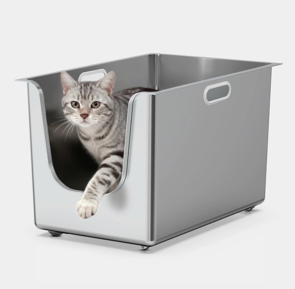 Ptlom Stainless Steel Litter Box with 13.7'' High Sides Anti-Splashing Seamless Metal Litter Box Extra Large Low Entry Litter Pan for Big Cats