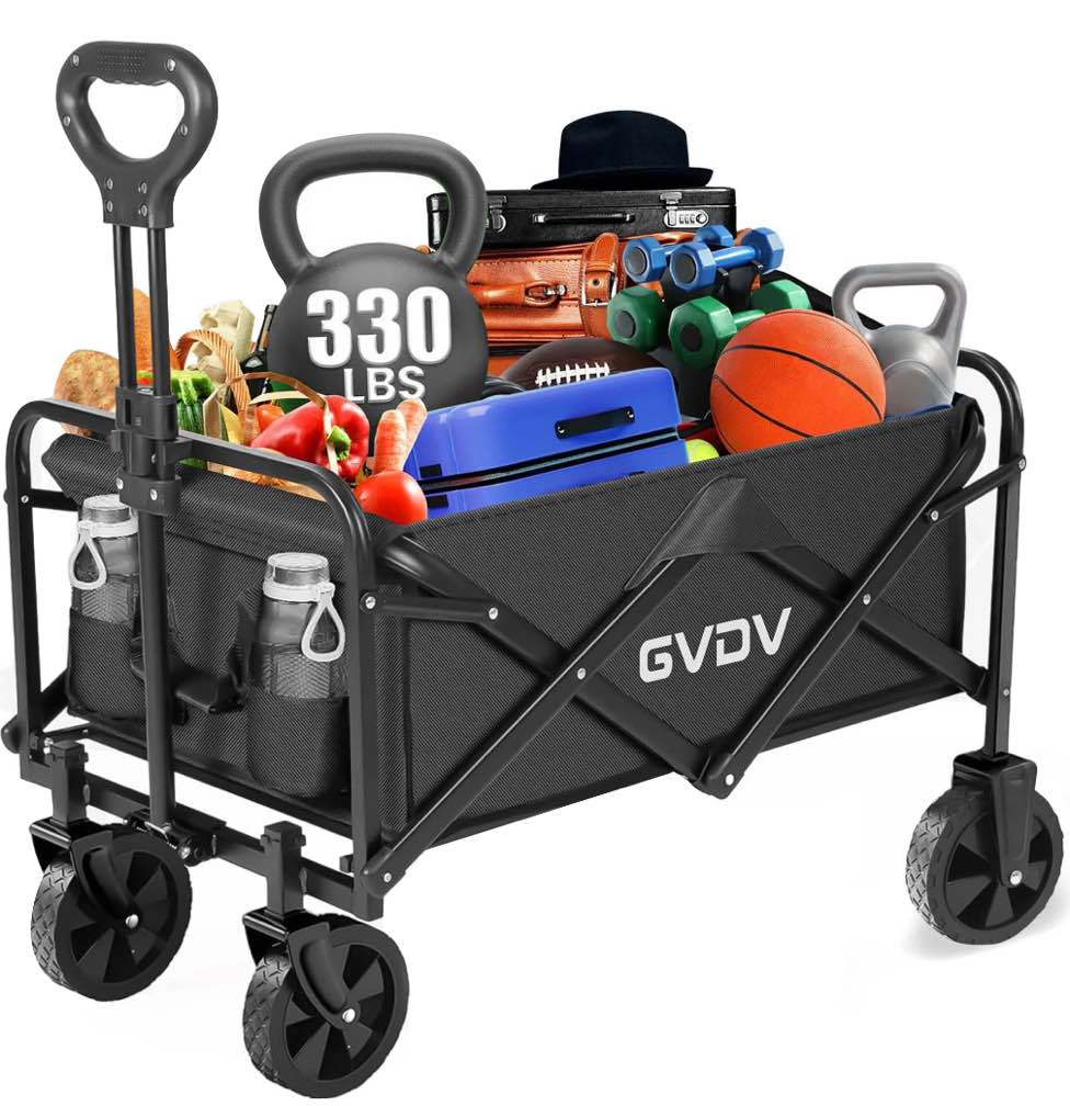 GVDV Collapsible Wagon Cart, Portable Utility Wagon for Camping, Beach, Picnic, Shopping, Sports, and Grocery Transport, Black