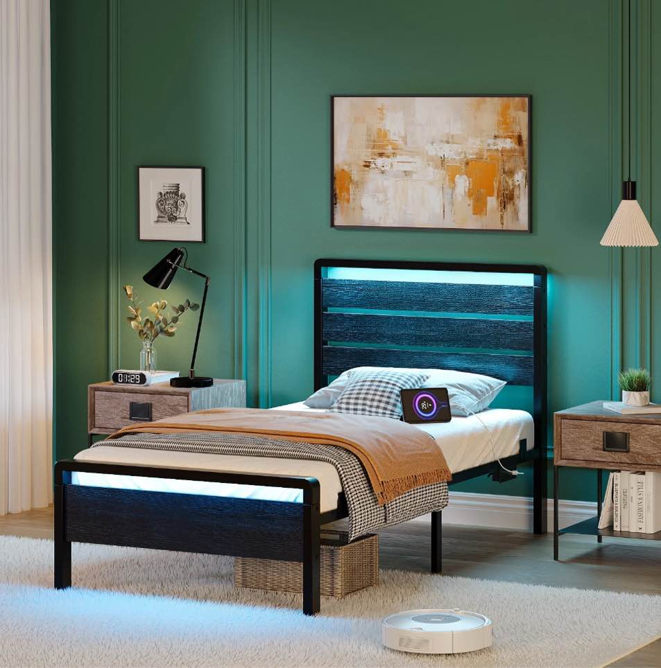 Ktaxon Twin Size Bed Frame with LED Headboard & Footboard, Metal Platform Bed with Charging Station, Black
