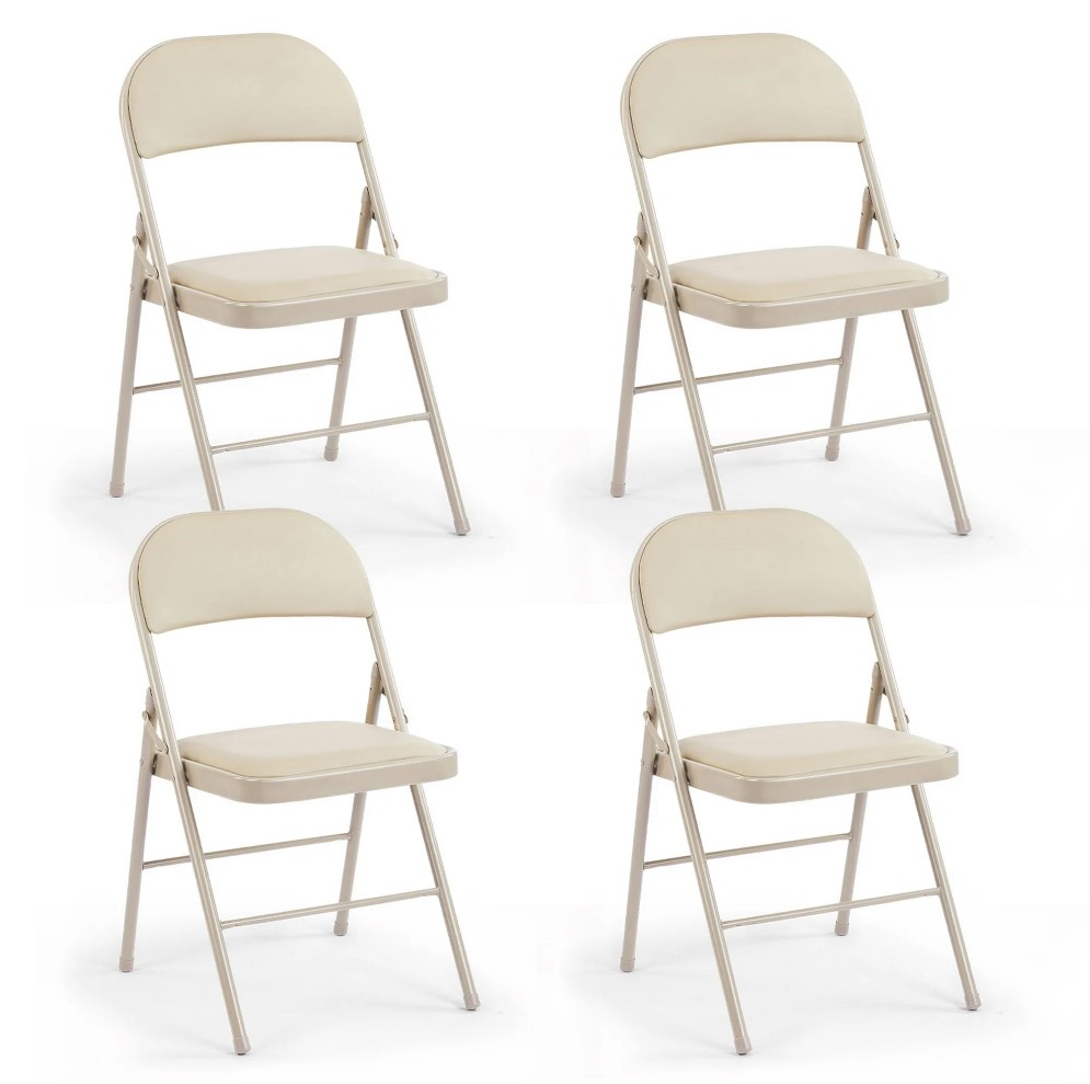 CONCETTA 4 Pack Folding Chair, Indoor Outdoor Portable Stackable Commercial Leather Padded Seat for Home, Office, Party, Kahki