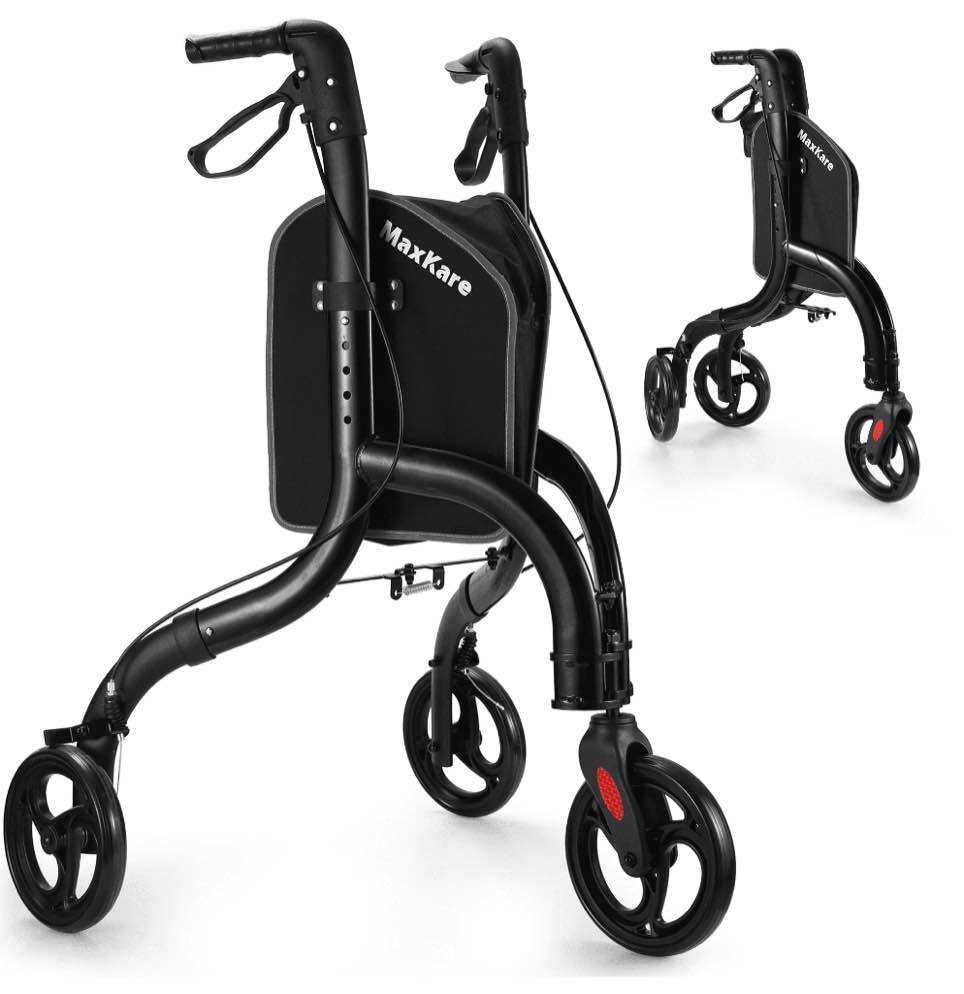 MaxKare 3-Wheel Walker for Seniors Foldable Rollator Walker with 8'' Wheel Lightweight, 300Lbs Weight Capacity, Height Adjustable, Black