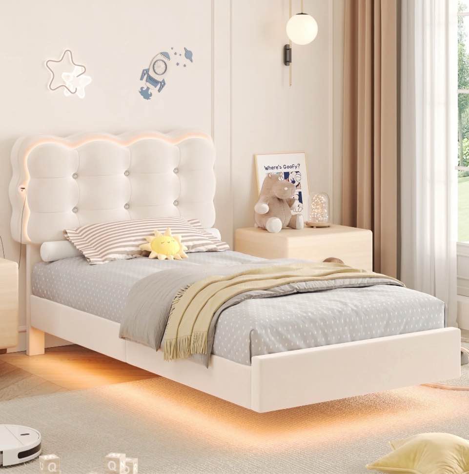 homfa twin size floating bed frame with led & charging station, velvet upholstered bed frame with ajustable crystal button tufted headboard, white