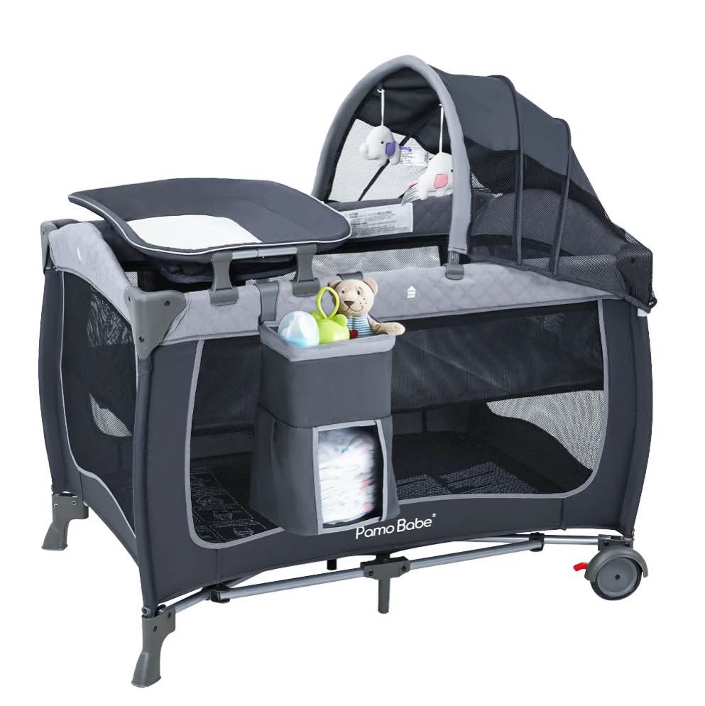pamo babe unisex portable baby play yard include wheels, canopy, changing table for newborn(grey)