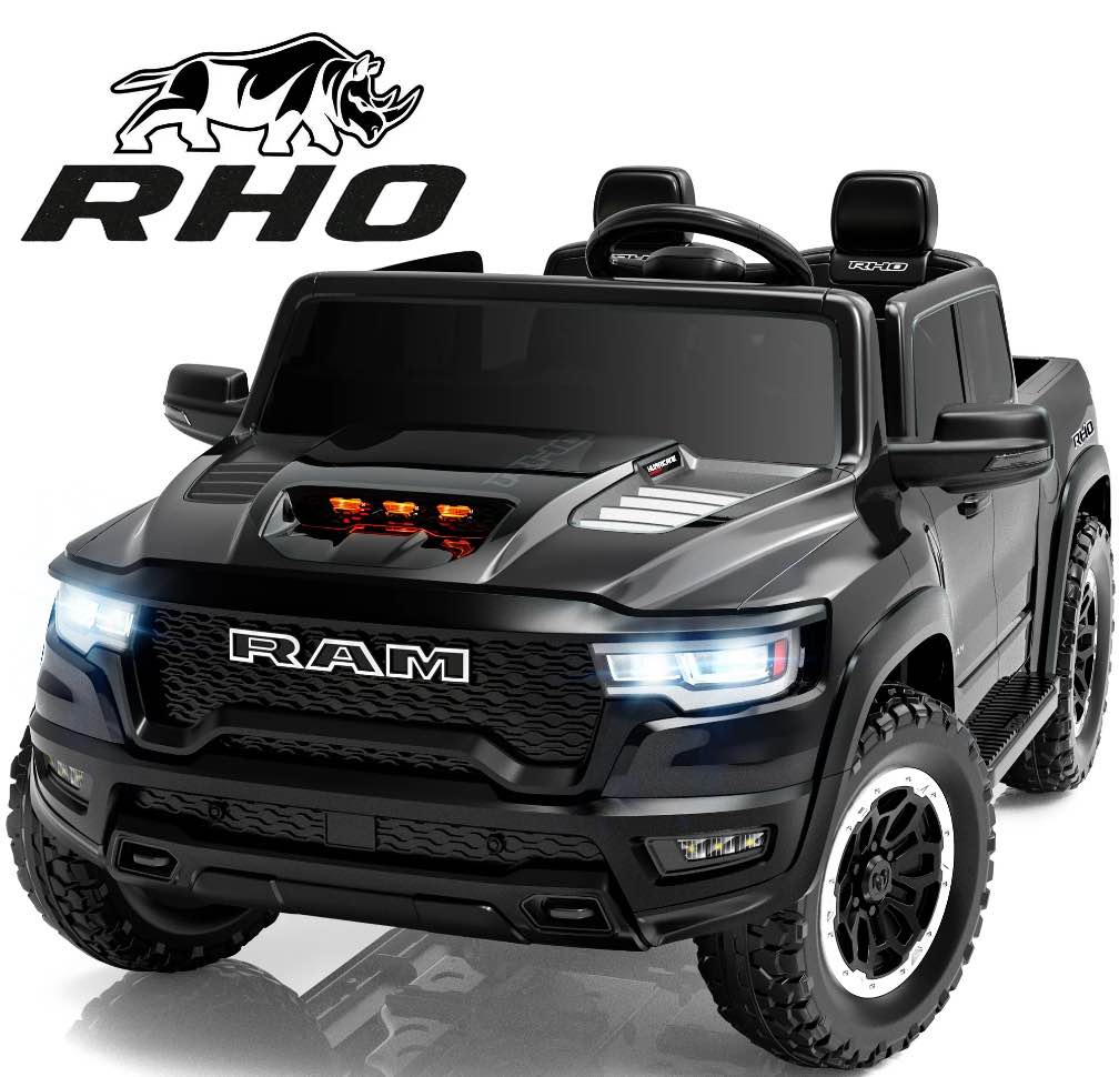 ram 24v ride on car 2 seater for big kids, ram 1500 rho battery powered ride on toy with remote control, 4 wheelers truck electric car for kids toddlers 3-8 boys girls, bluetooth & trunk, black
