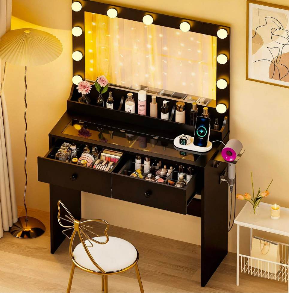ktaxon get ready with me grwm makeup vanity desk with lighted mirror, dressing table w/charging station & hair dryer rack,black