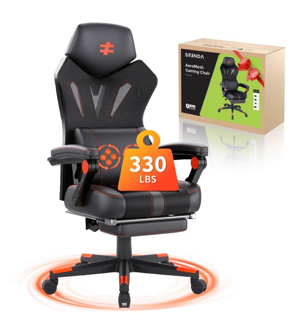 Seenda Massage Gaming Chair, Ergonomic Mesh Office Chair, High Back Desk Chair 330lbs, PU Wheels, Swivel Rolling Computer Seating for Long Desk Work