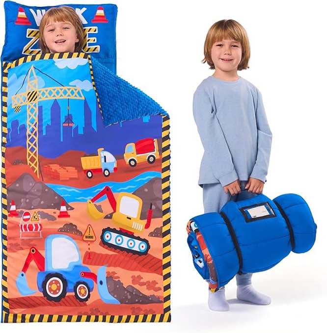 JOIEDOMI Toddler Sleeping Bag for Kids 55''x30'' Nap Mat with Removable Pillow and Minky Blanket for Toddler Ages 3-7 Roll Up Soft Kids Sleeping Bag for Boys Girls Kindergarten Daycare Sleepover