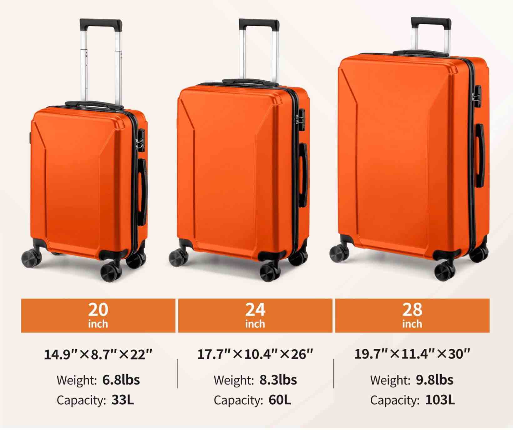 Zimtown 3-Piece Luggage Set with 8 Packing Cubes, Hard Shell Suitcases with Spinner Wheels TSA Lock, Orange