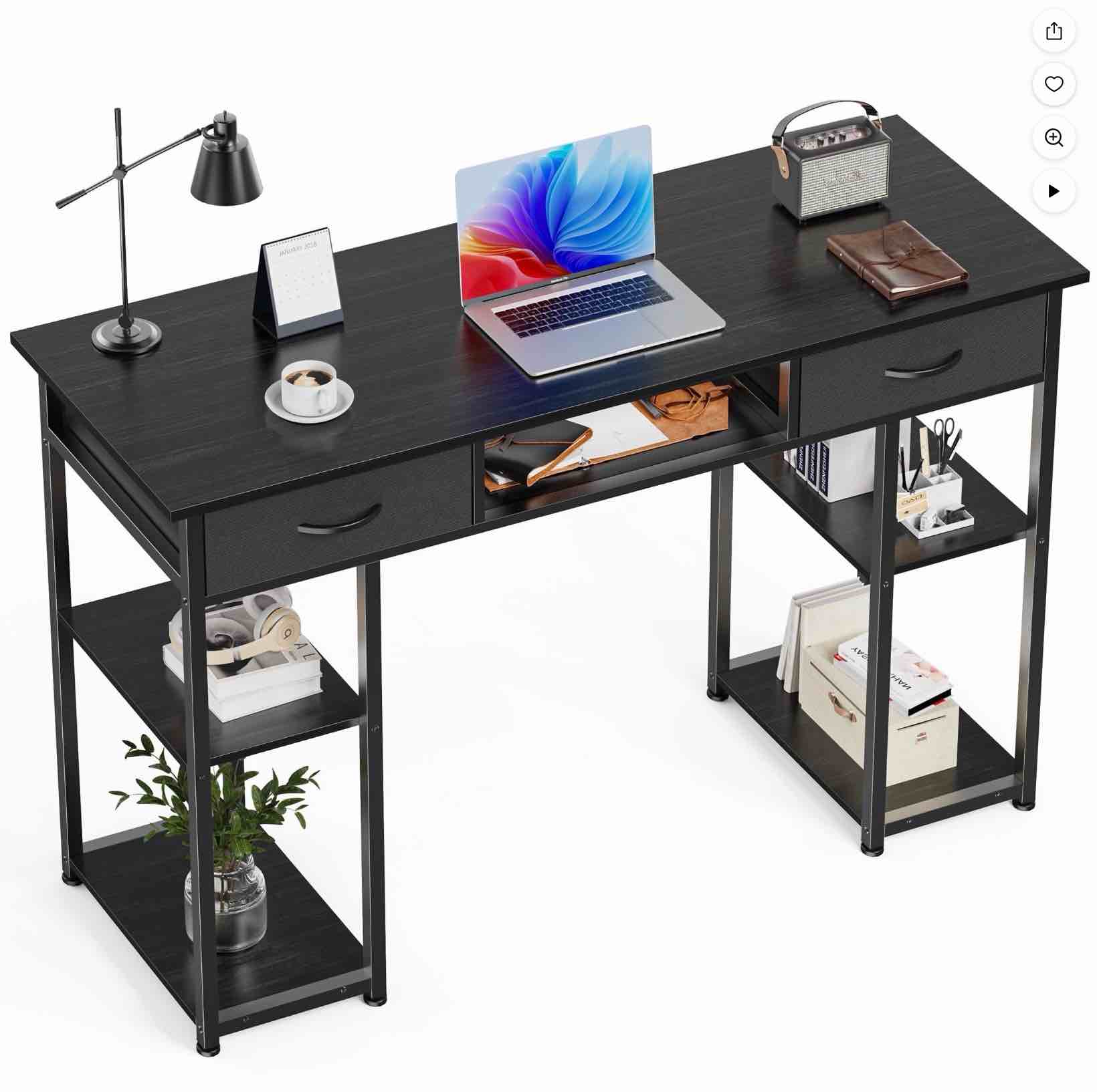 edx Small Desk Fabric Drawers & Storage Shelves, Home Office Computer Desk, Writing Desk Small Space Desk Study Table for Home, Bedroom, 48 Inch, Balck