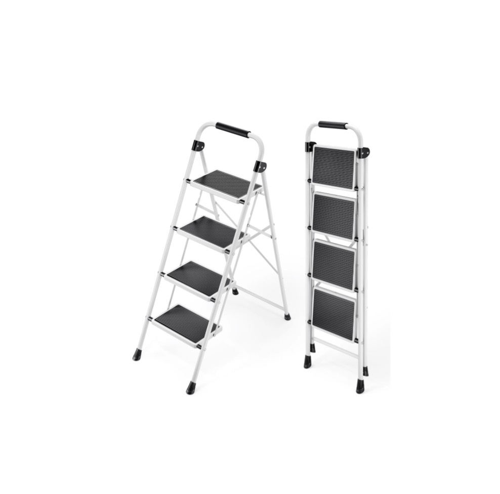 edx 4-Step Folding Step Stool for Adults - 330 Lbs Capacity, Sturdy Steel Frame, Wide Non-Slip Pedal & Top Handrail, Lightweight Portable Ladder for Home Kitchen, Black