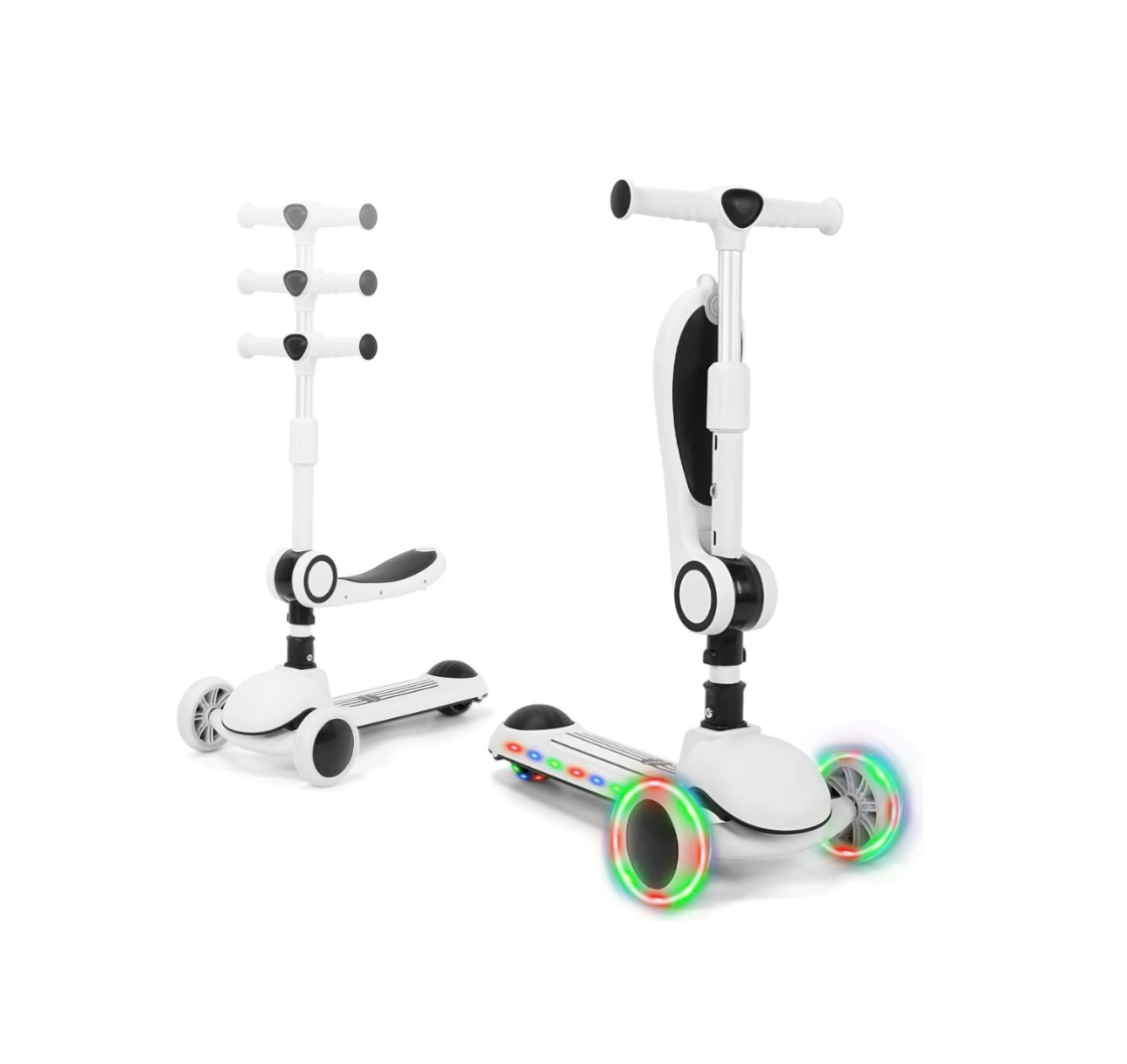 Skyhot Kids Scooter with LED Lighted Wheels, 3 Adjustable Height Handlebars and Foldable Seat - Sit or Stand Ride, Lean-to-Steer & Widen Anti-Slip Deck, Scooters for Kids 3-6, Black