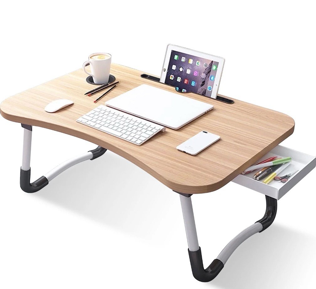 PHANCIR Foldable Lap Desk 23.6 Inch Portable Wood Laptop Desk Table Workspace Office Organizer Bed Sofa Tray with Slots/Cup Holder/Drawer Anti-Slip for Reading Writing Eating Watching Walnut