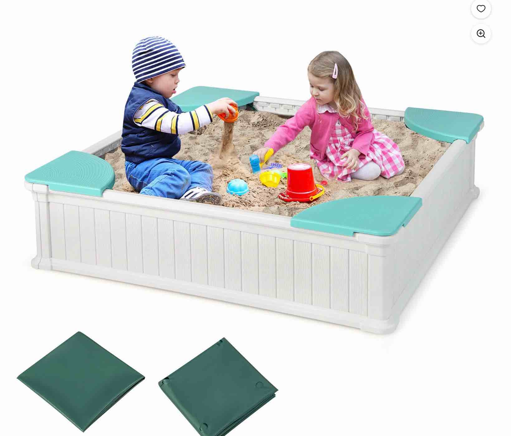 Gymax Kids Outdoor Sandbox 48.5'' x 48.5'' x 12.5'' Large HDPE Sandpit with Oxford Cover White