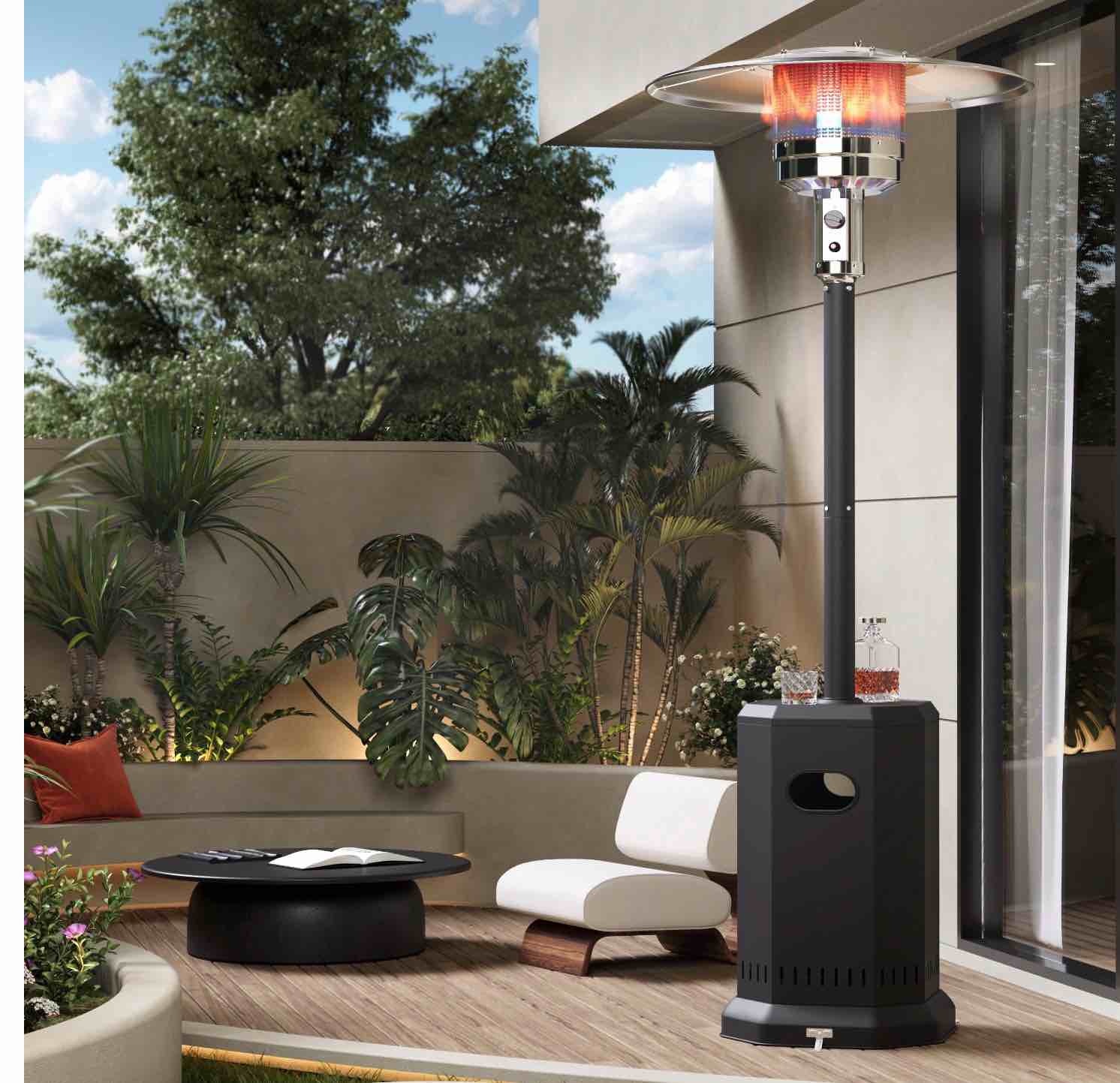 50,000 BTU Propane Patio Heater, Outdoor Heater with Table Design, 2025 Upgrade Stainless Steel Burner, and Wheels, Portable Heater for Home and Commercial, Gray