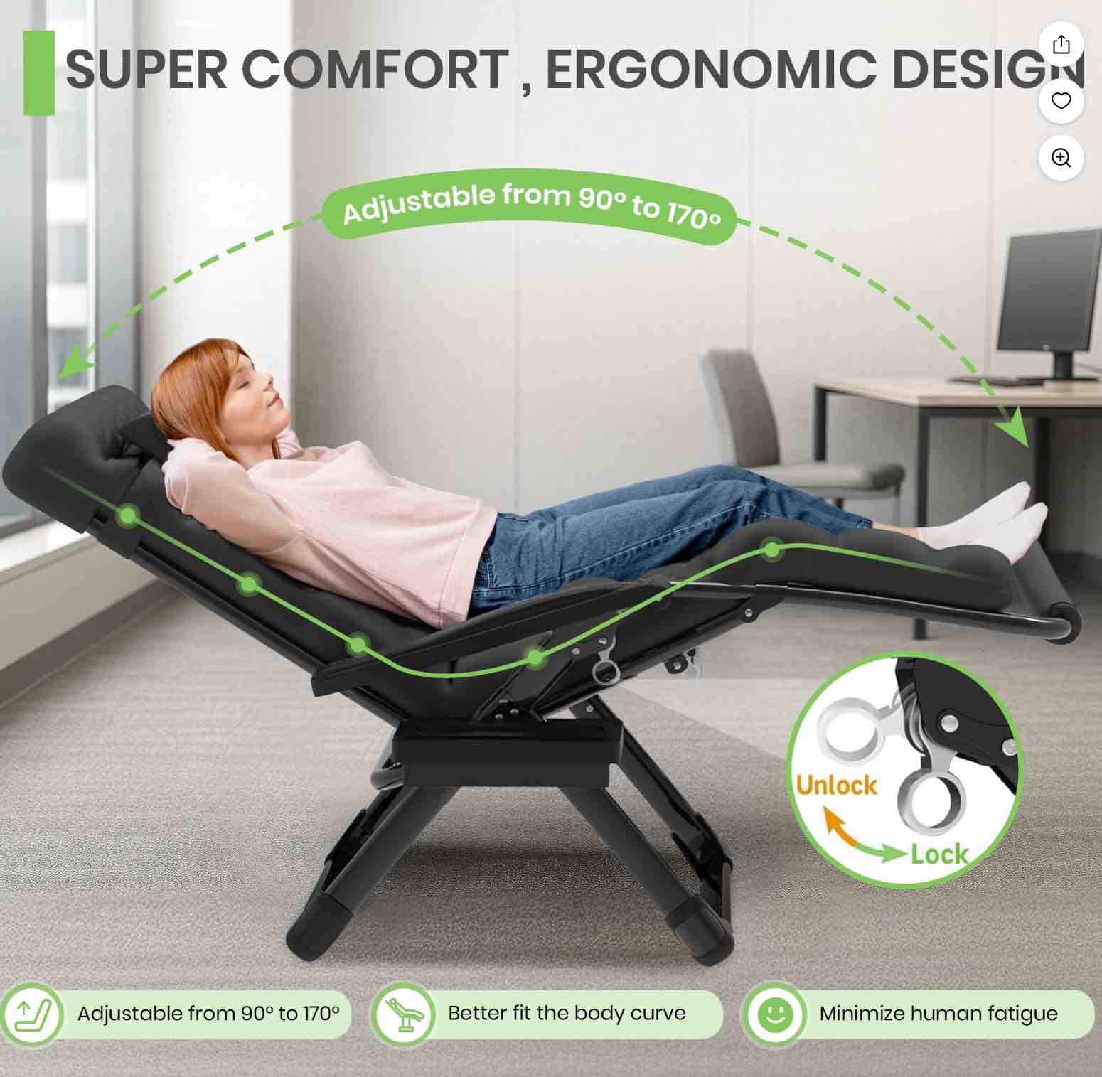 GVDV Oversized Zero Gravity Chair, 33In XXL Lounge Chair 500lbs Capcity with Removable Thick Cushion, Lawn Patio Reclining Chair Upgraded Alloy Lock and Cup Holder, for Indoor Outdoor, Black