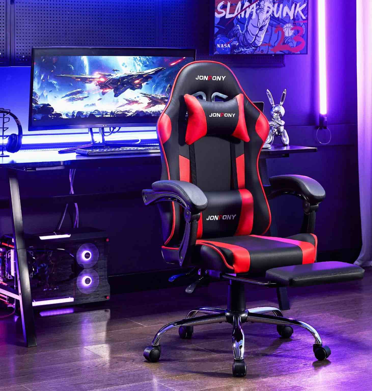JONPONY Big and Tall Gaming Chair, Ergonomic Design, Gamer Chair PU Leather with Footrest and Lumbar Support, High Back Office Chair Support 8 Hours Long Sitting, Computer Chair,Black RED