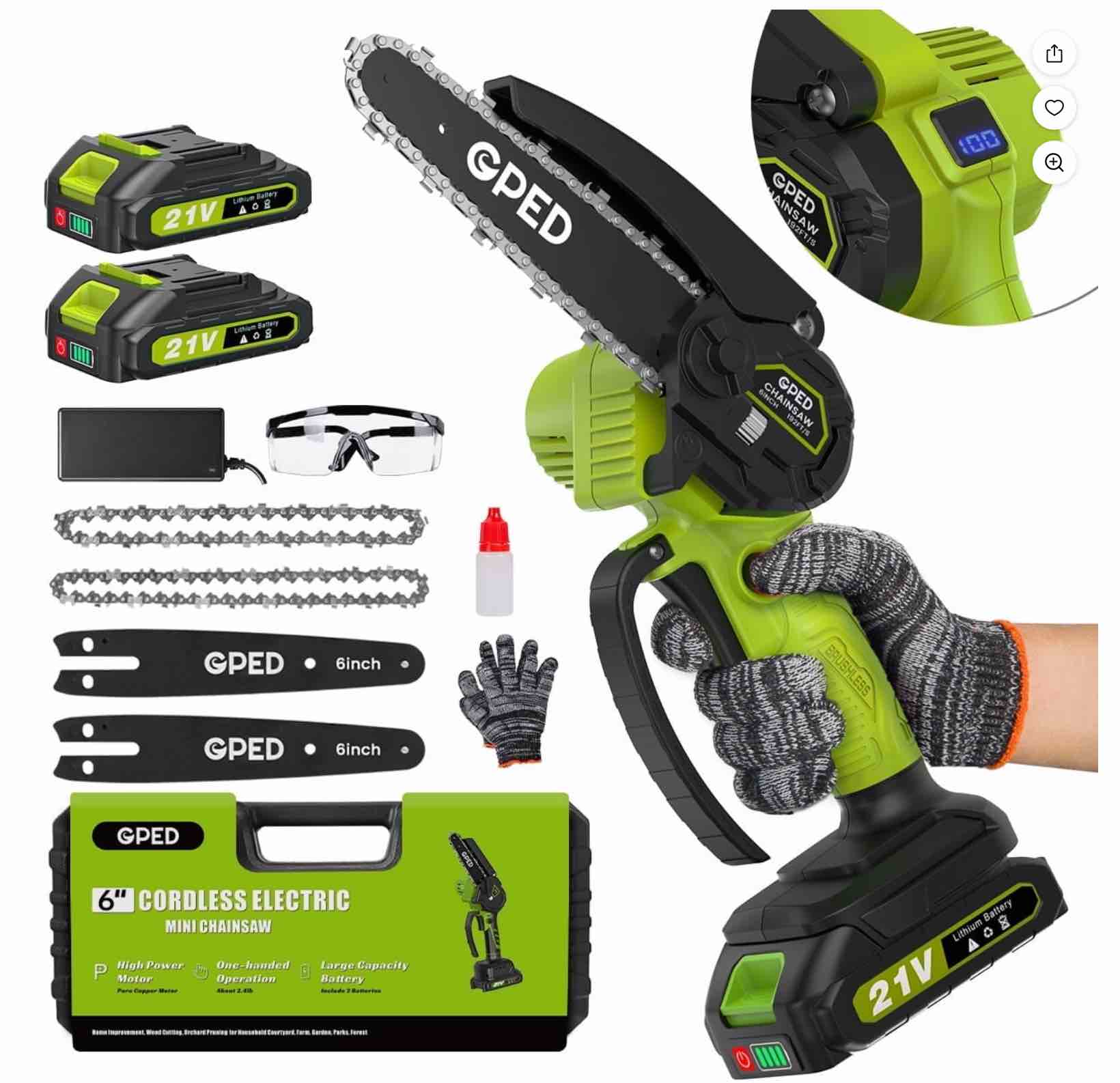 GPED Mini Chainsaw, 6 inch Portable Electric Chainsaw Cordless, Handheld Chain Saw Pruning Shears Chainsaw for Tree Branches, Green