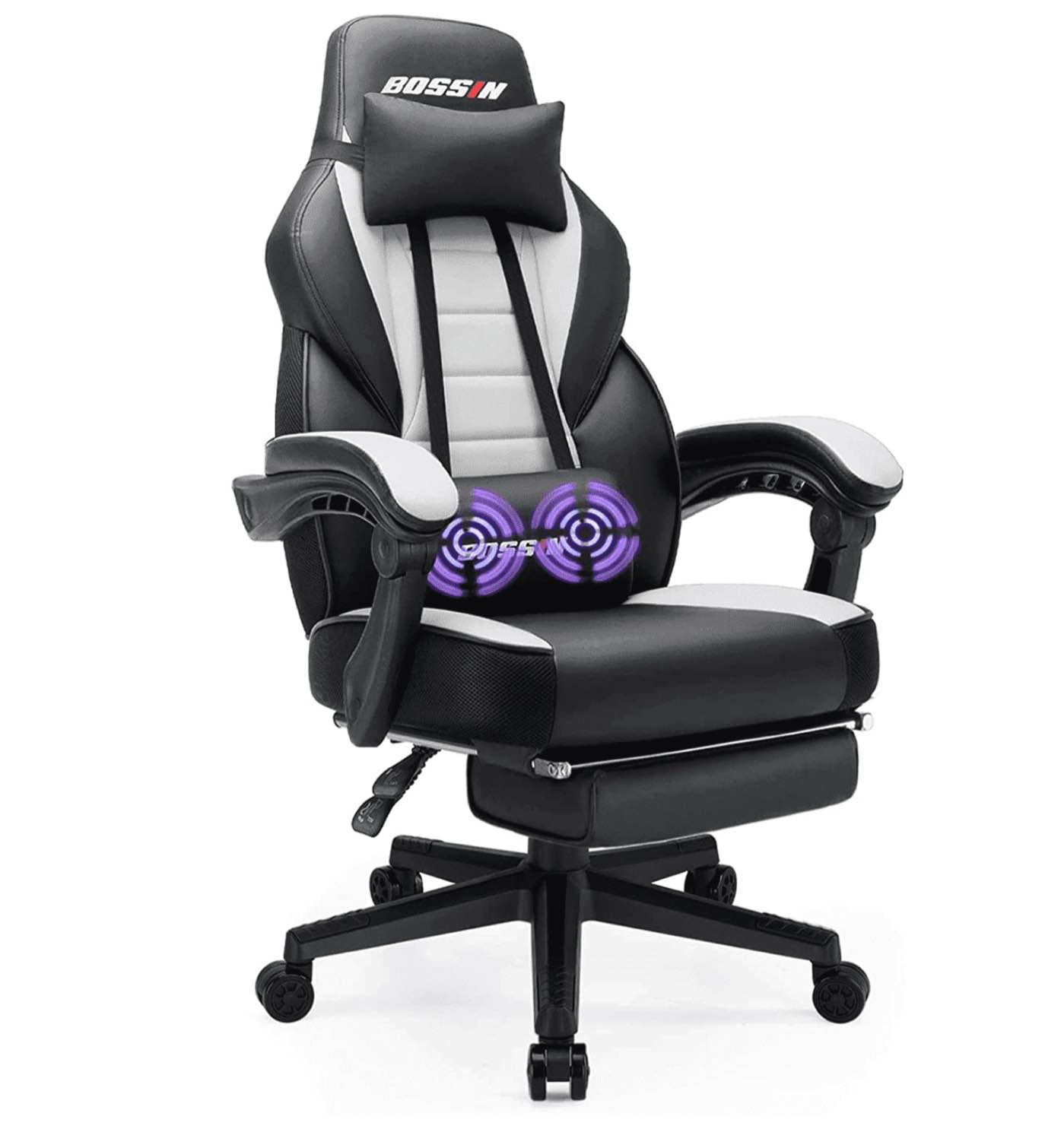 Bossin Gaming Chairs with Footrest, Massage Leather Game Chair for Adults, Big and Tall Gamer Chair with Headrest and Lumbar Support