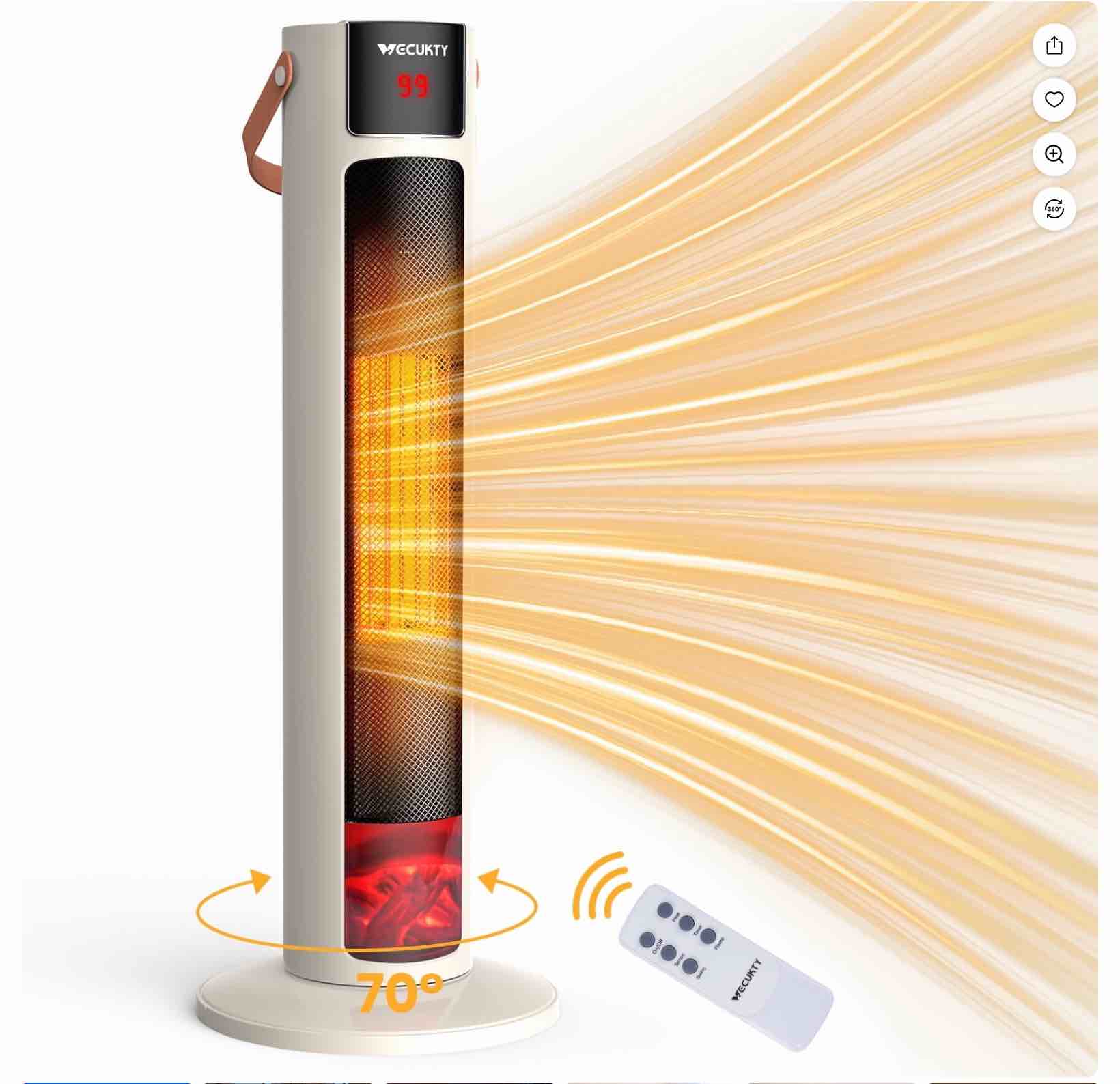 vecukty 26" tower space heater with 3d flame, 1500w portable electric tower electric heater, 70 °oscillation, 9h timer,remote control for indoor bedroom office home