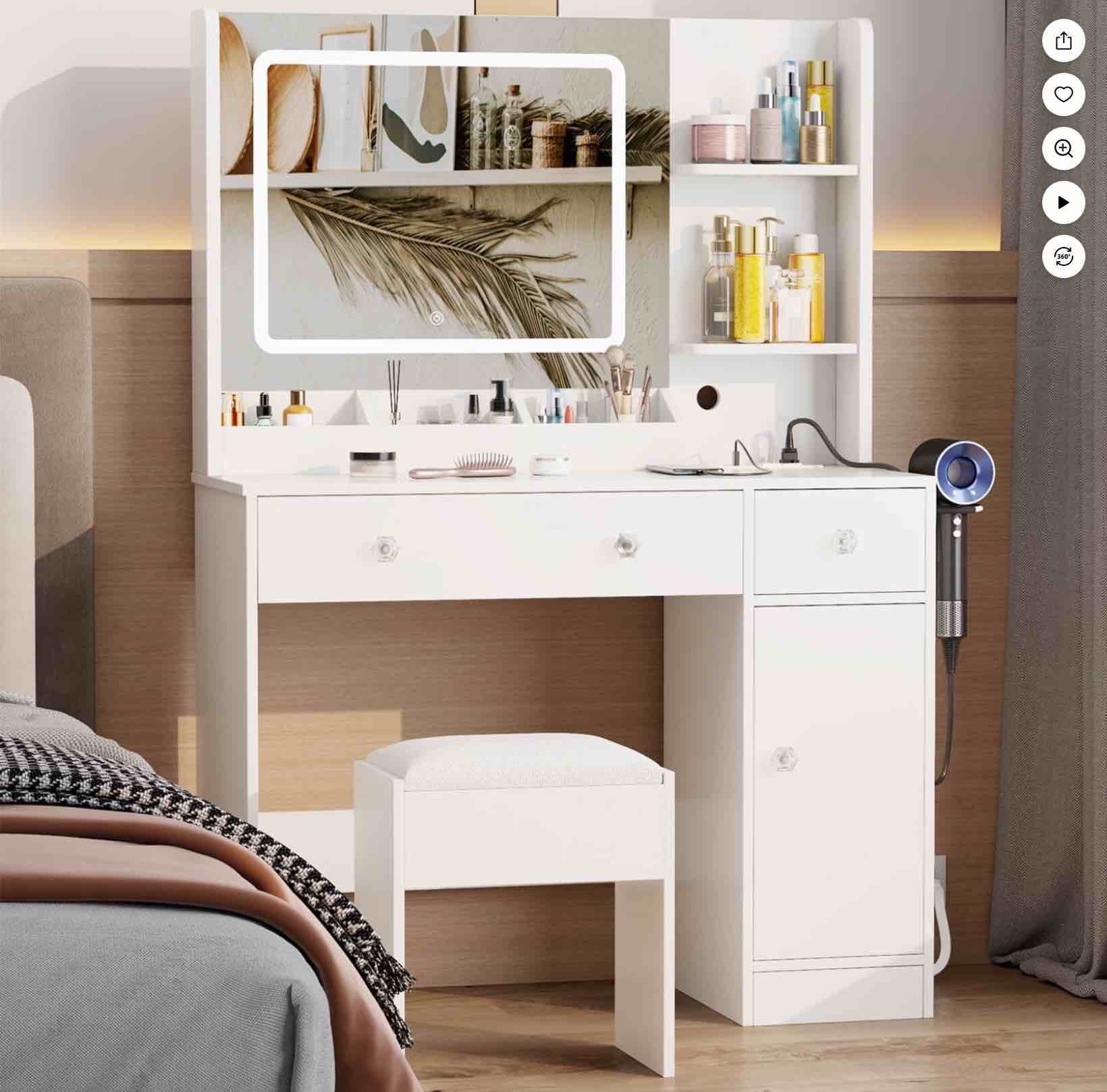 satifur white vanity desk set with mirror and lights, makeup table with charging station, comfortable bench, big vanity with 3 storage compartments, 39.4in