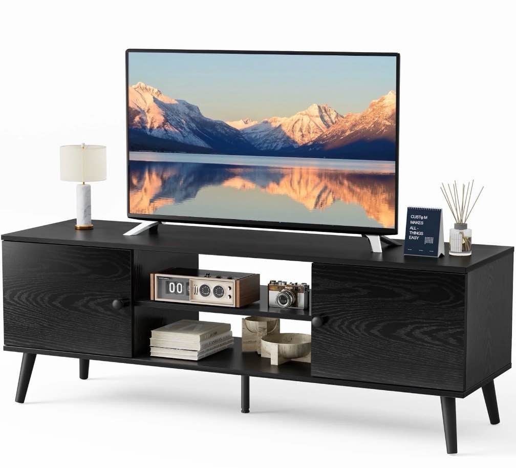 edx modern tv stand for 55-60 inch tv, mid century entertainment centre, media console table with storage for living room, office, black