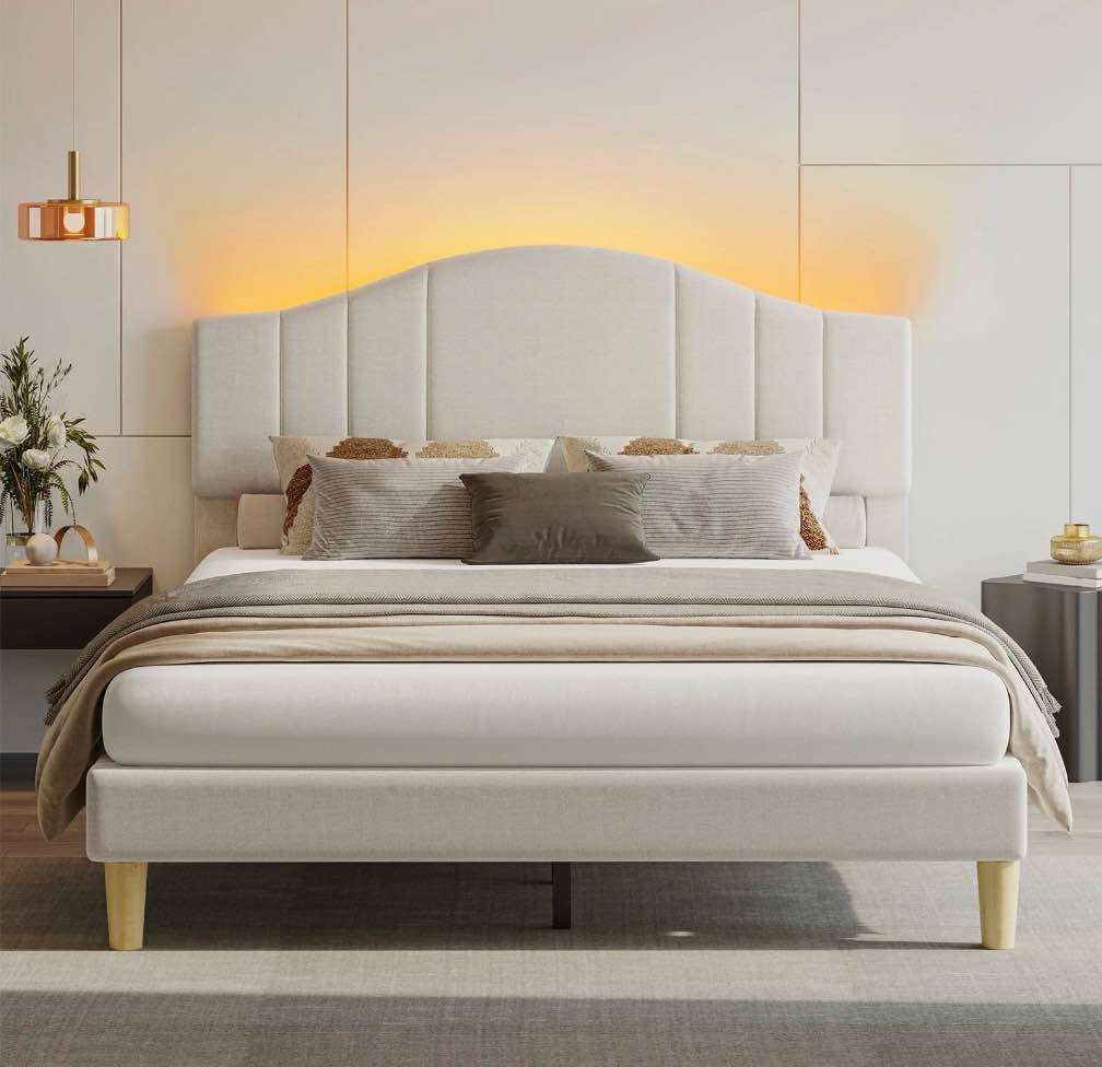 pinmoco full upholstered bed frame with adjustable arc-shaped headboard, led platform bed, fabric beige