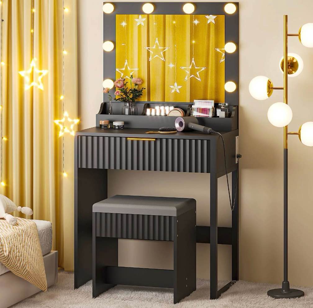 ktaxon flutted makeup vanity table 8 led lights, dressing desk with charging station, for femal gift, black